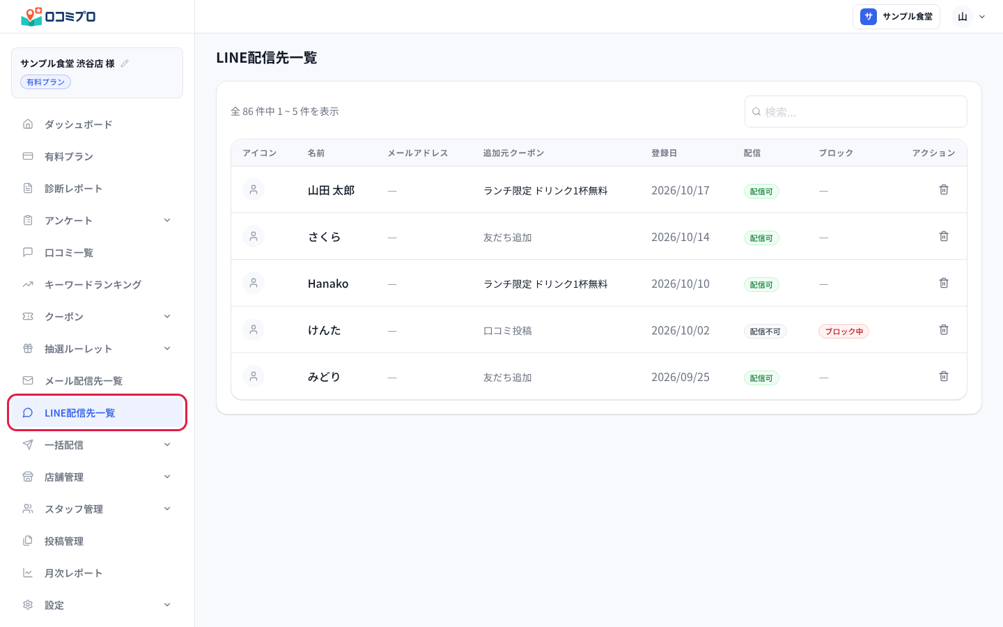 左のメニューの「LINE配信先一覧」を押すと、LINEの友だちの一覧が開きます