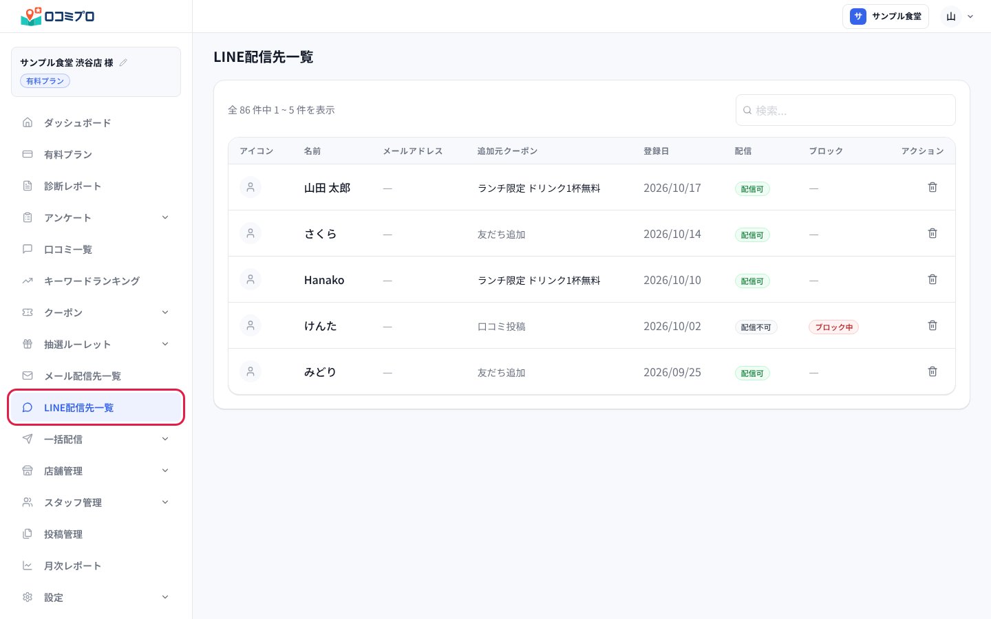 左のメニューの「LINE配信先一覧」を押すと、LINEの友だちの一覧が開きます