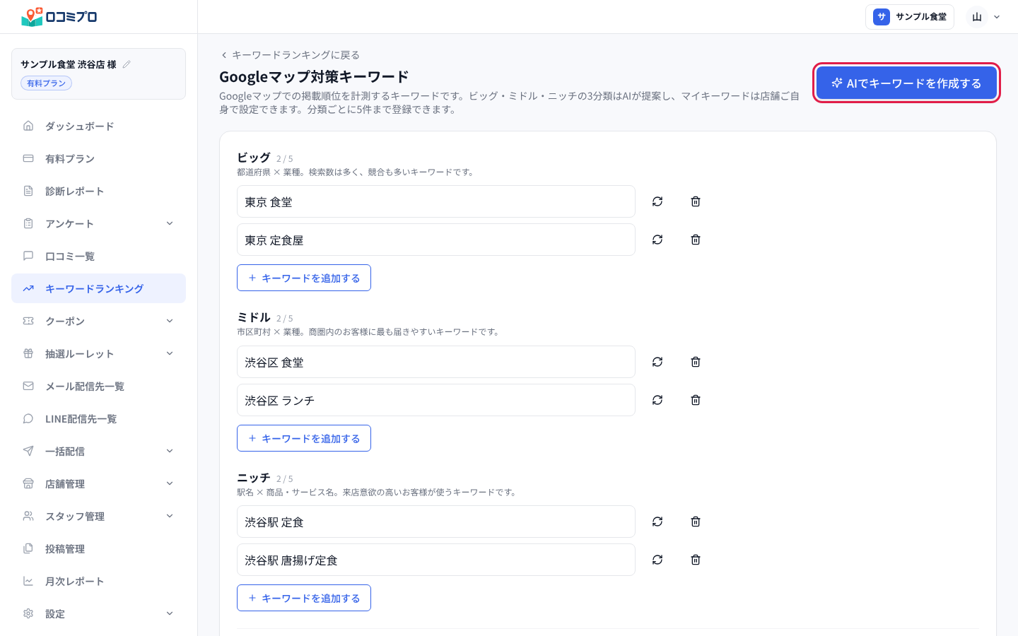 「Googleマップ対策キーワード」の画面。右上の「AIでキーワードを作成する」を押します。