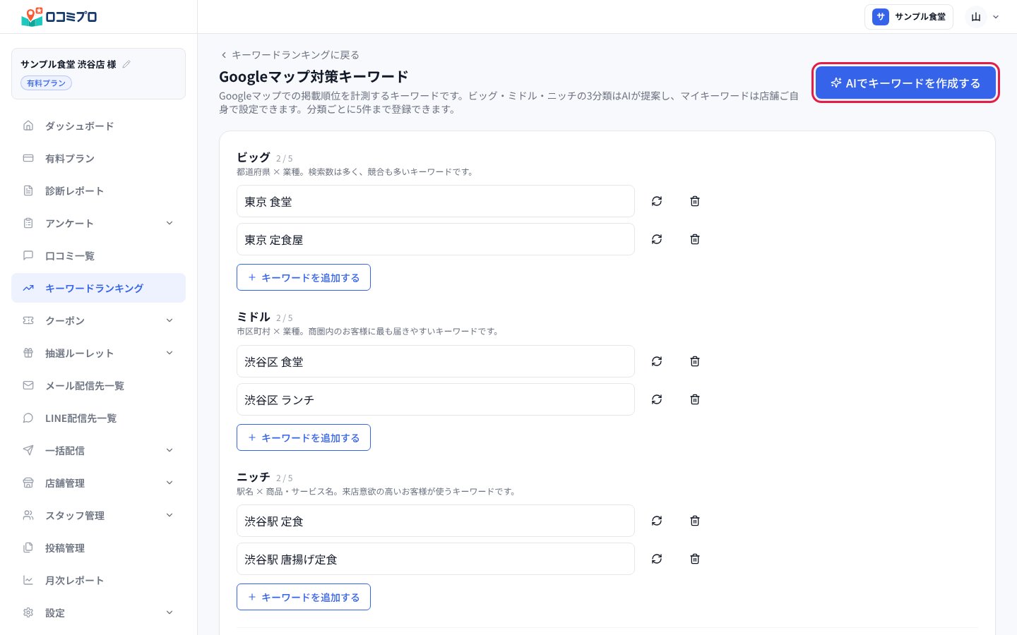 「Googleマップ対策キーワード」の画面。右上の「AIでキーワードを作成する」を押します。