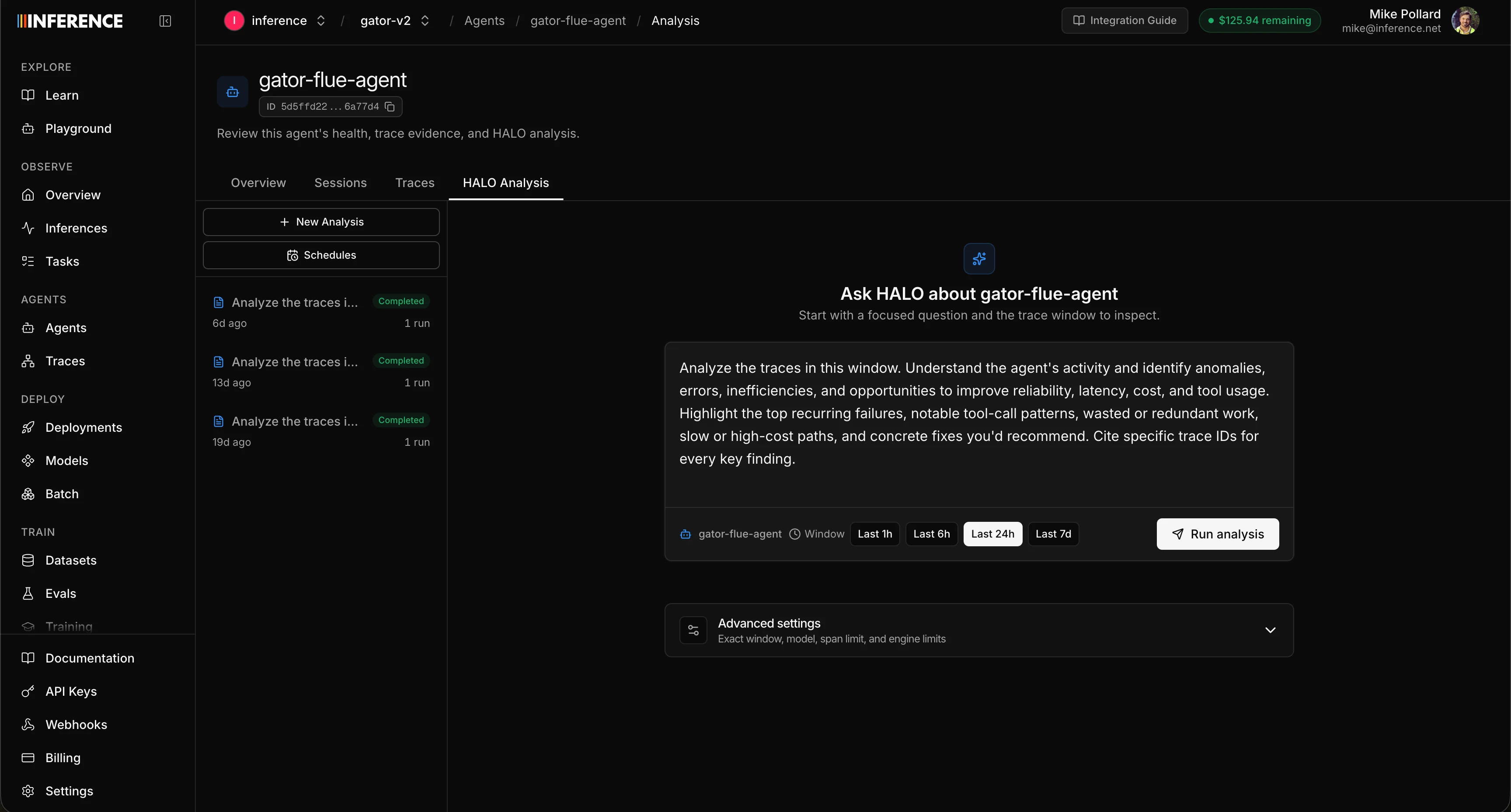 The Analysis sub-tab, with the list of previous Halo runs and chats on the left and the prompt window on the right, showing the time-range picker and the advanced options for span limit, max depth, and max turns