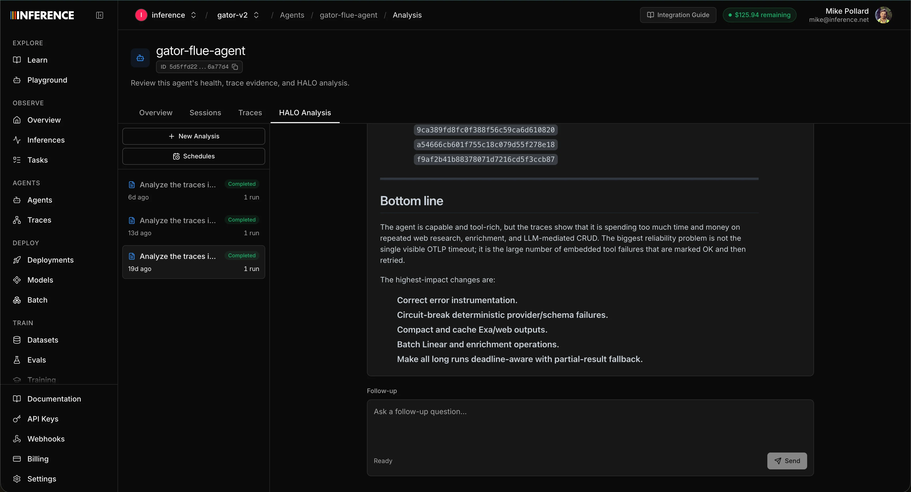 A completed Halo report showing ranked findings like invalid tool inputs, silent query failures on ok-status spans, and duplicate tool calls, along with a list of recommended fixes