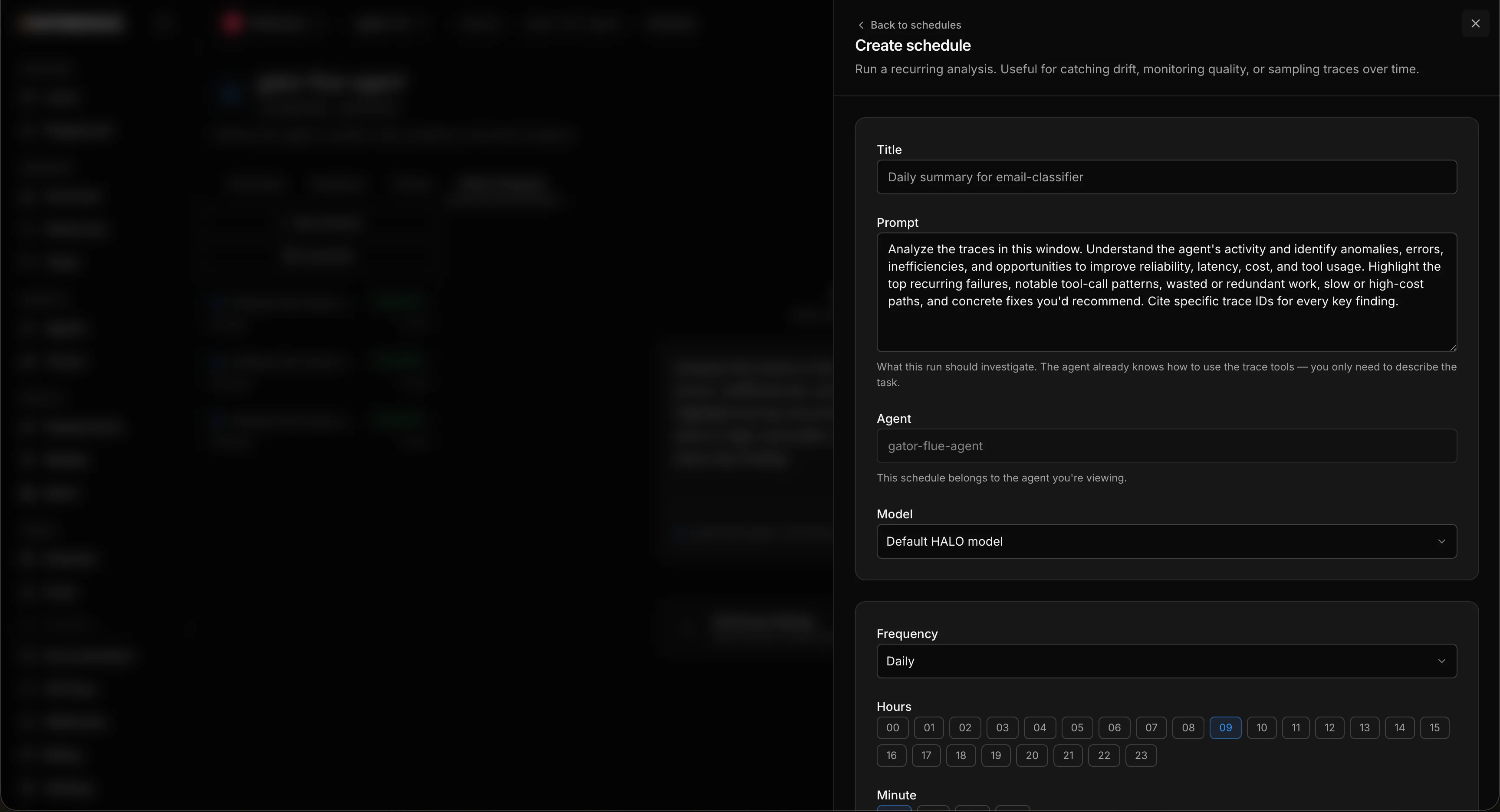 The Halo schedule create sheet, showing the schedule cadence, the prompt field, and the time range, with the ability to create multiple schedules each with its own prompt