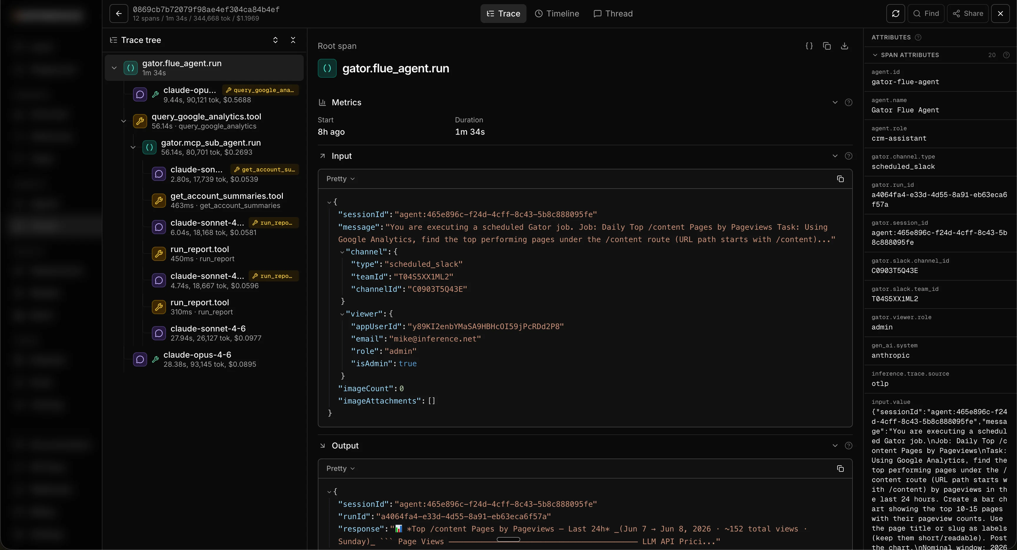 The trace detail sheet open on the trace/spans tab, with the span tree on one side and an expanded span showing its inputs, outputs, span attributes including cost and token counts, and the raw JSON and download controls