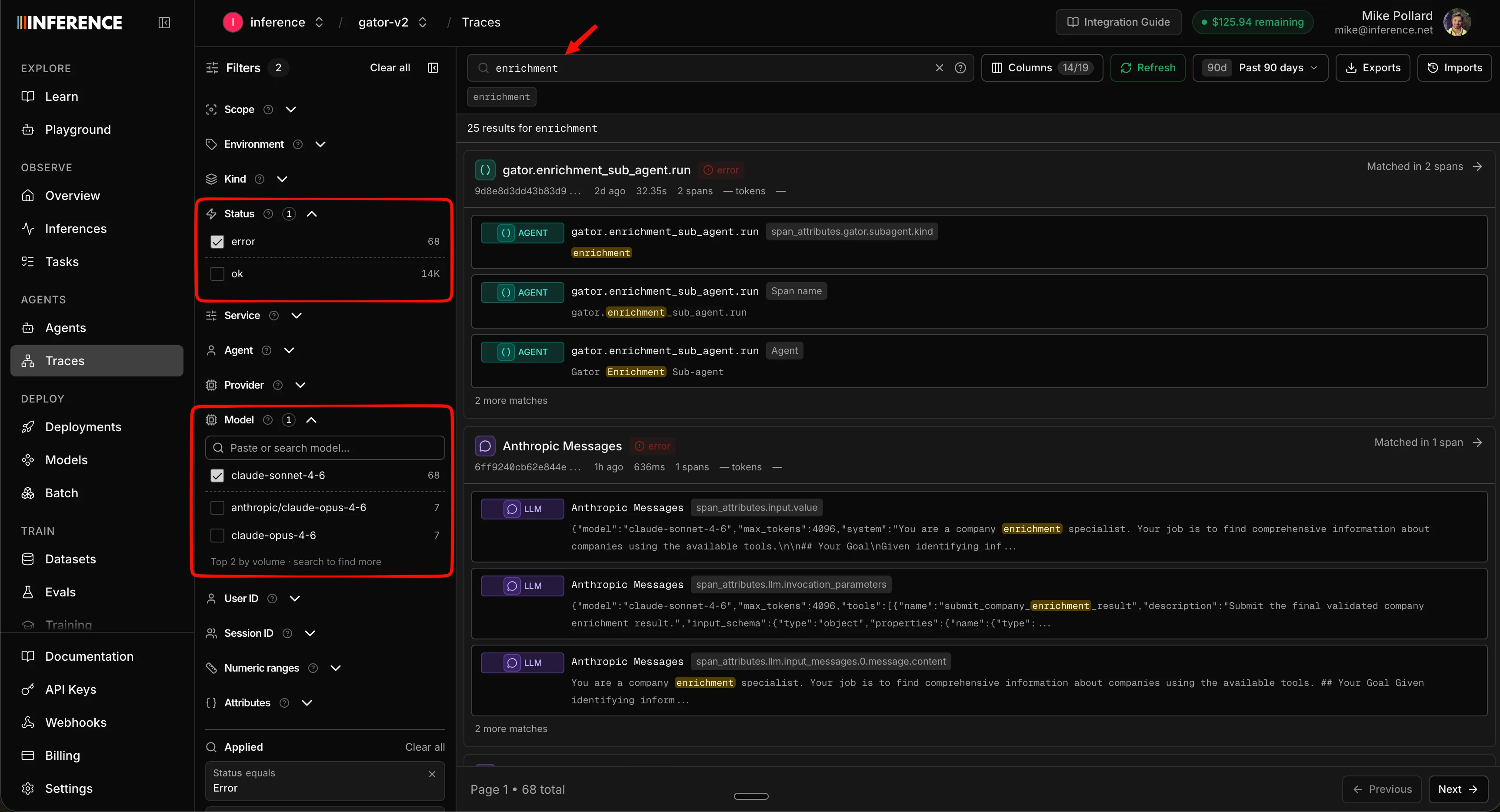 The Traces tab with a deep search for a keyword and status and model filters applied, showing matching traces with the search term highlighted inside the chat content