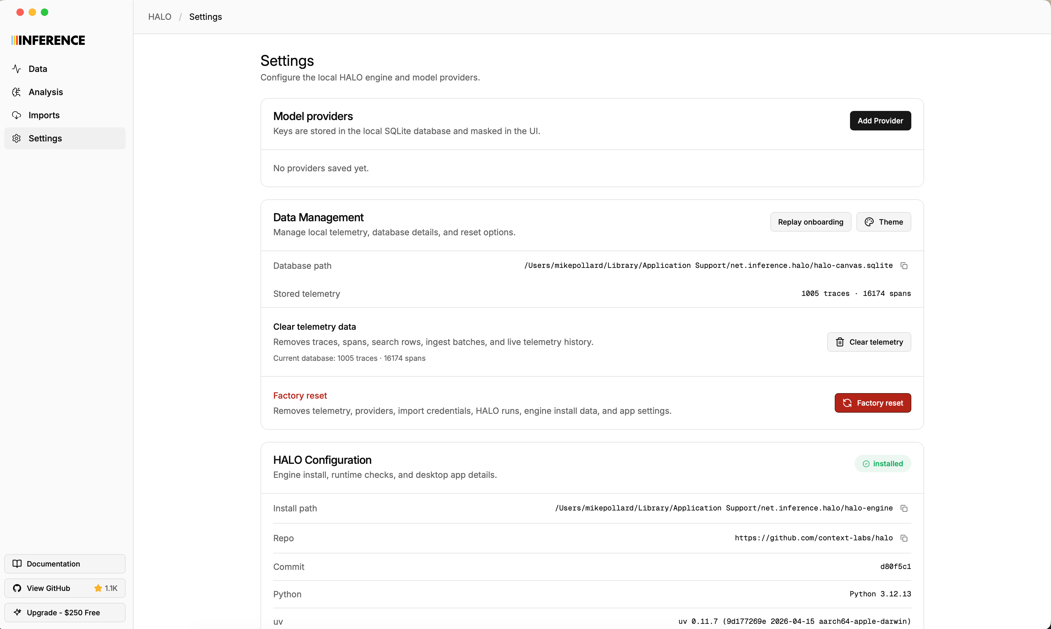 The Settings page showing the Model providers section with an Add Provider button, Data Management with database details, and the HALO Configuration section with the engine installed