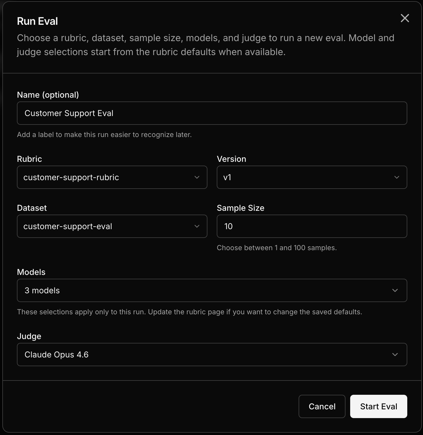 Eval setup form with rubric and dataset selected