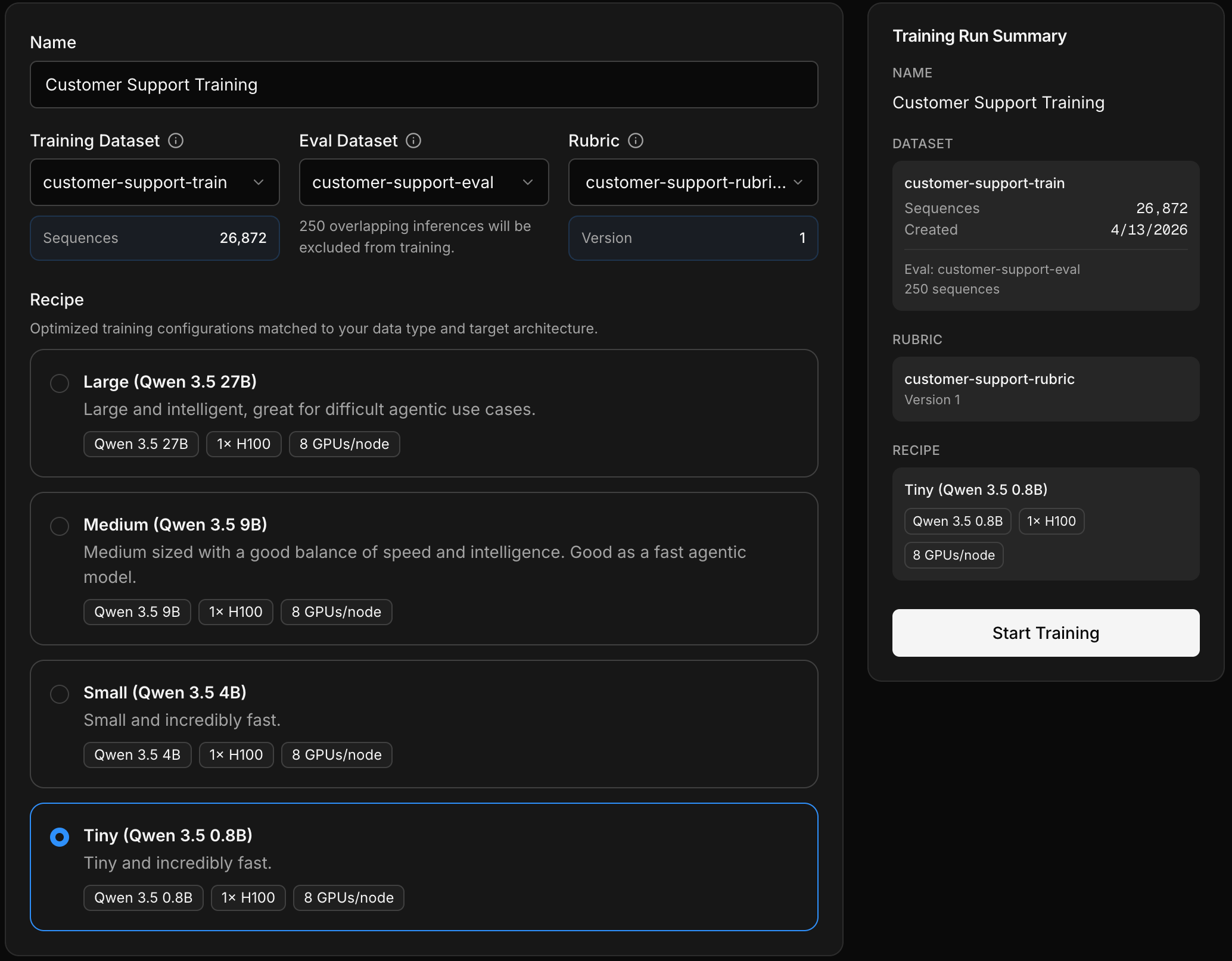 Training job setup form with demo datasets and rubric selected