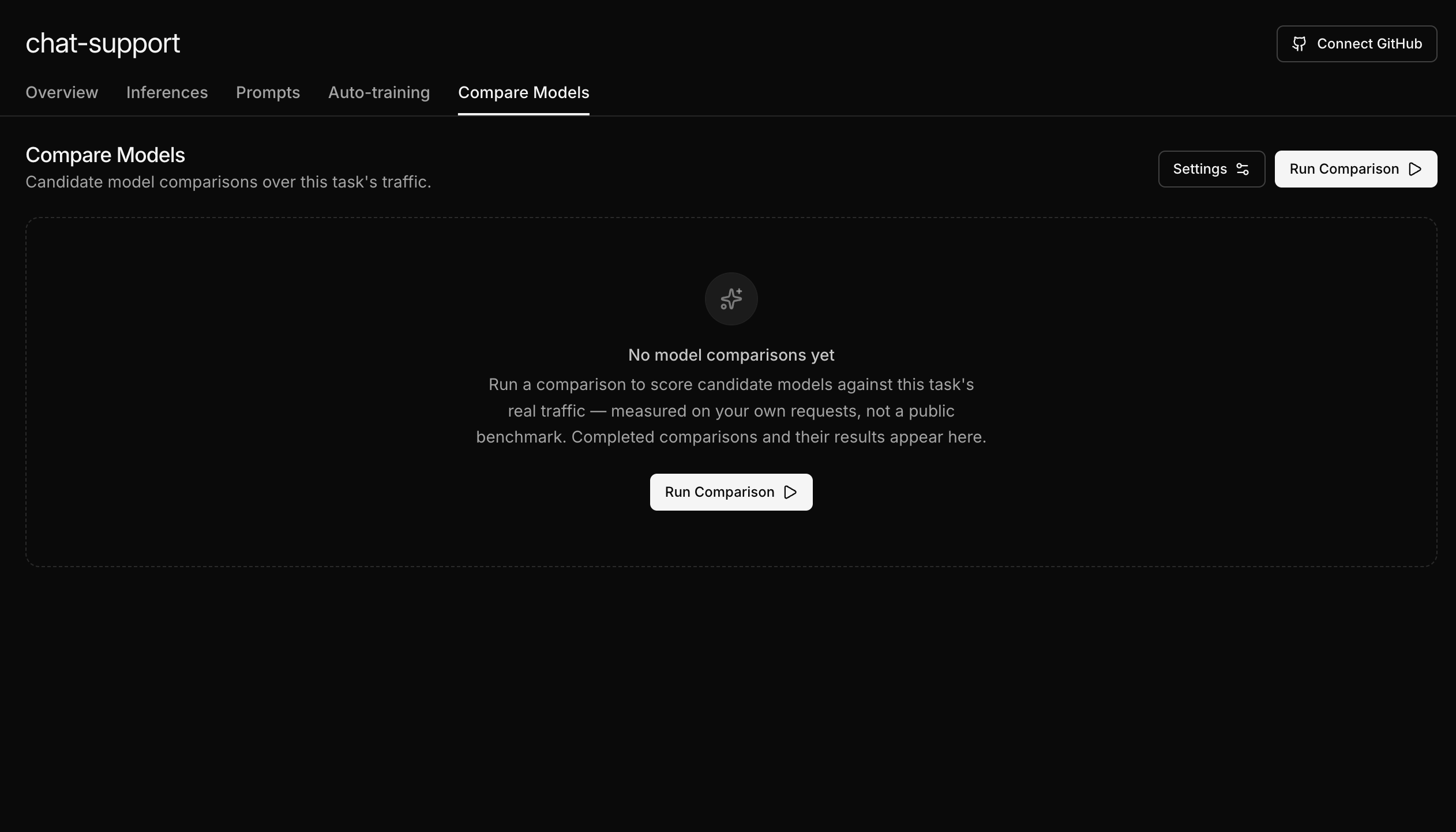 A task detail page with the Compare Models tab selected, showing the empty state card 'No model comparisons yet' and the Run Comparison button