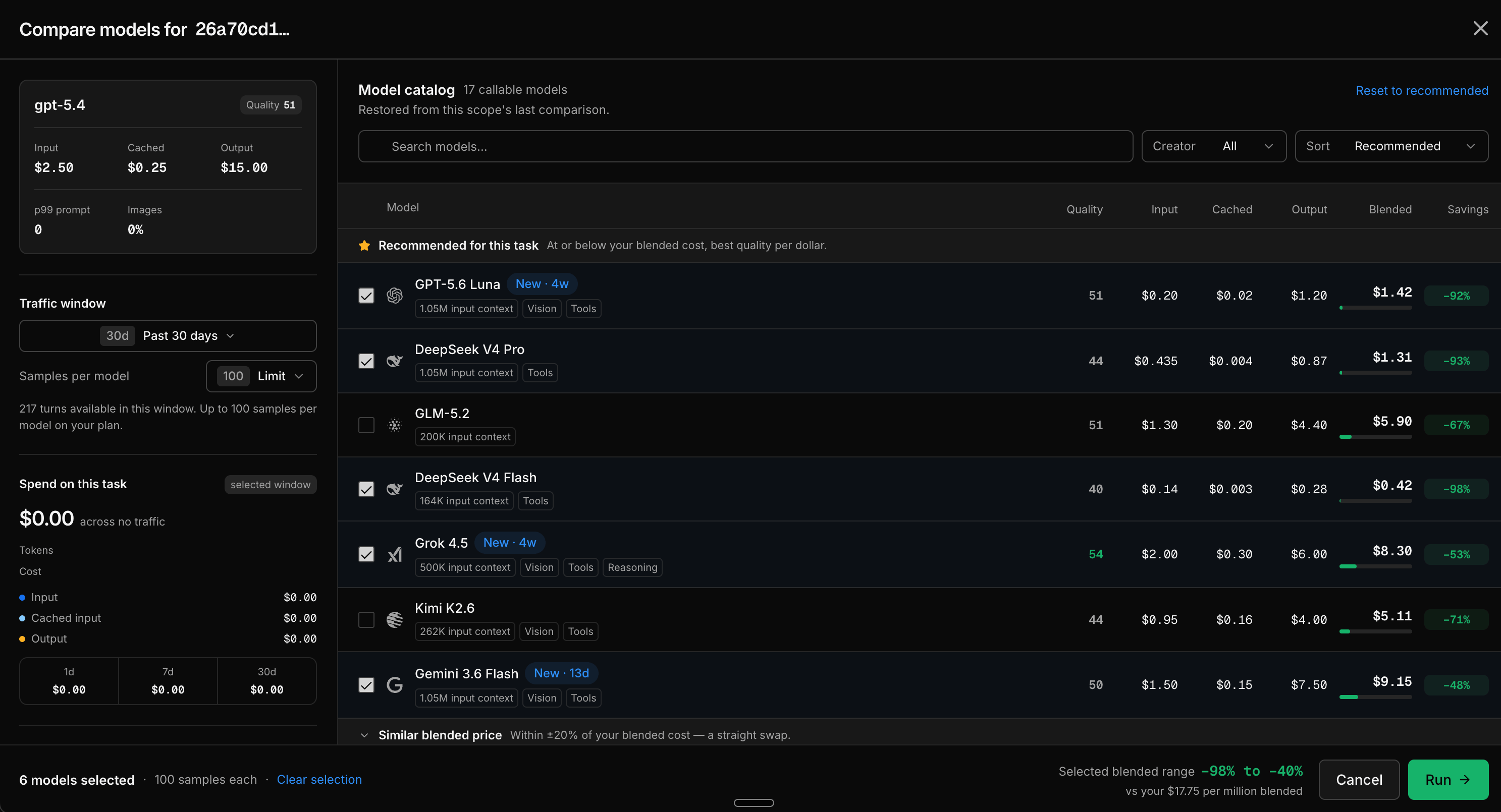 The comparison dialog, showing your current model's pricing, the Traffic window and Samples per model selectors, and the model catalog with recommended models pre-selected