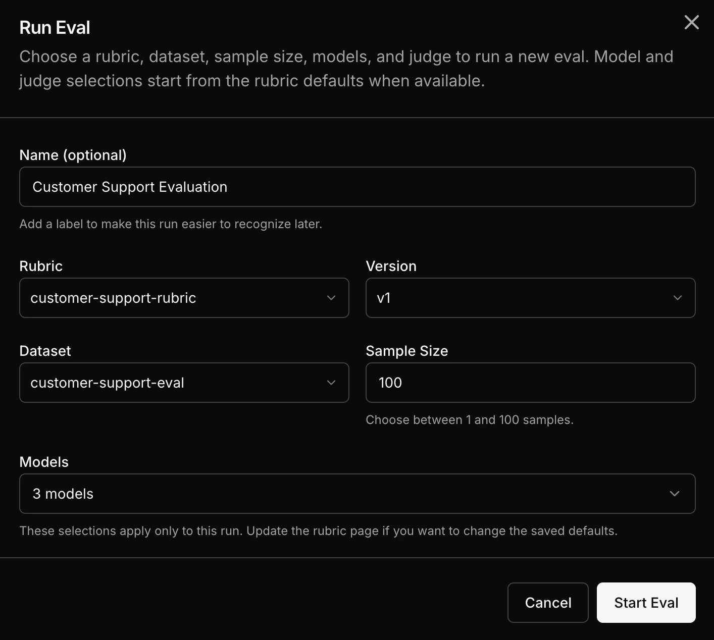Eval setup flow showing rubric, dataset, and model selection in the dashboard.