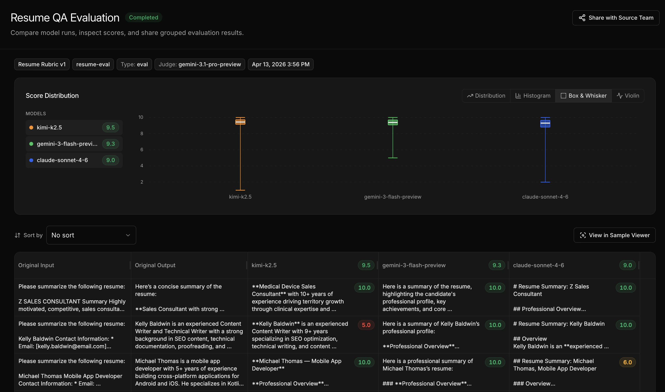 Eval comparison view showing side-by-side model scores and the scores table.