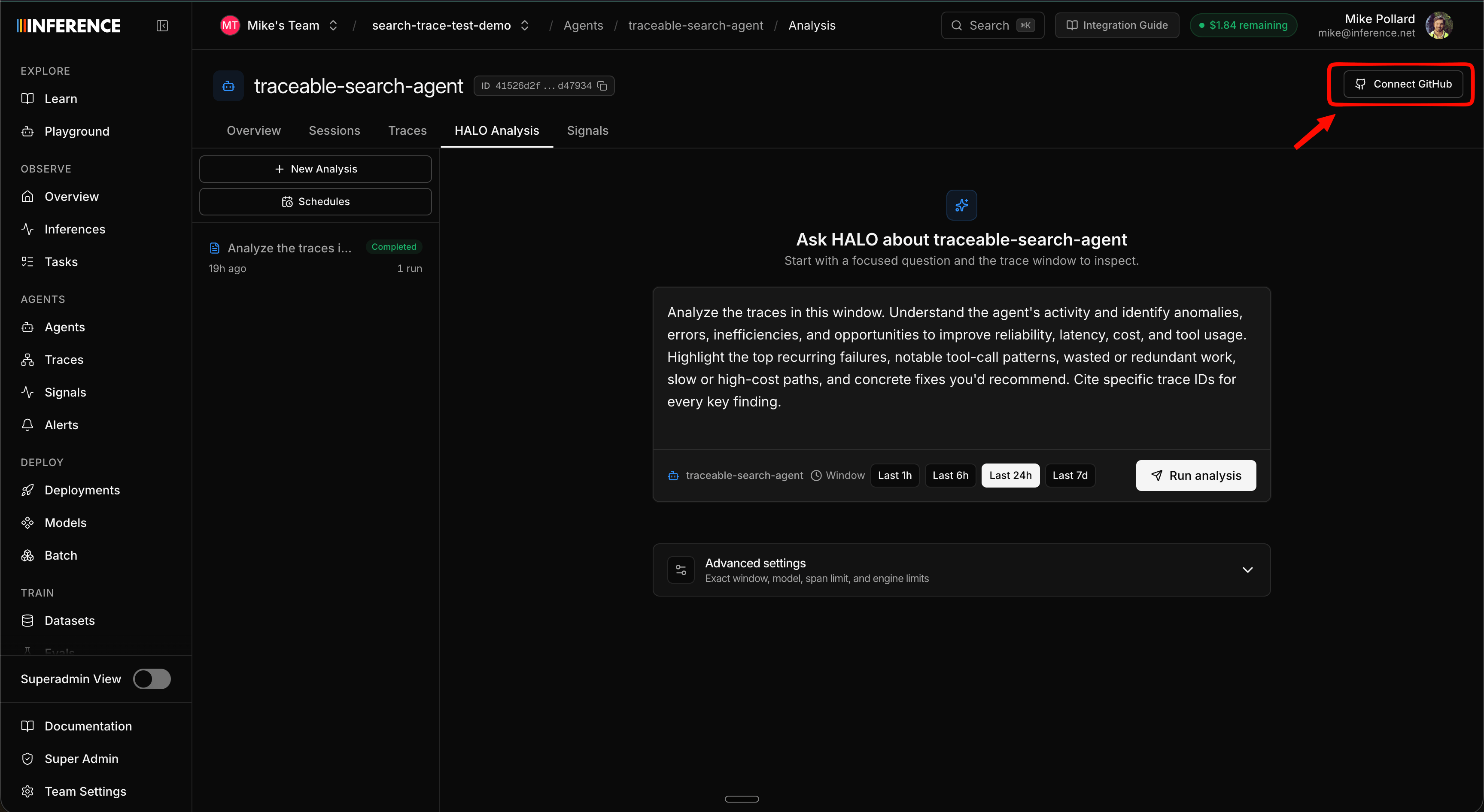 Connecting a GitHub repo to HALO so it can read the agent's source code alongside the traces
