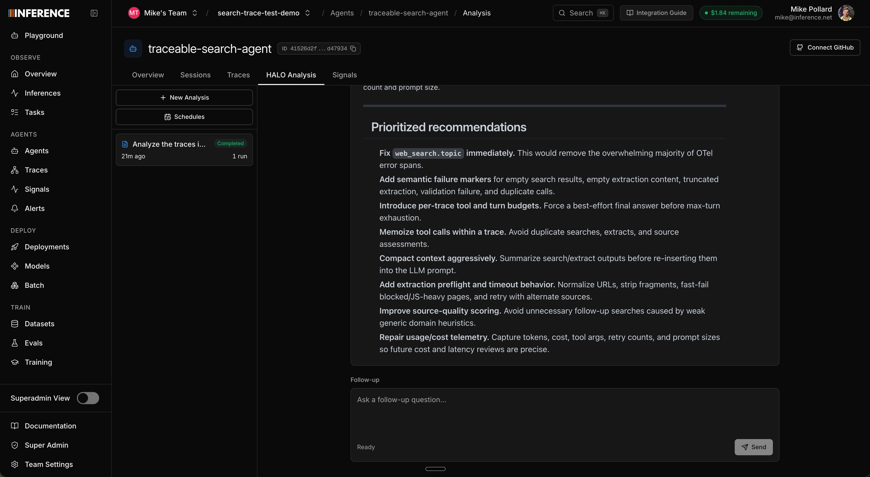 A completed HALO report with ranked findings, recommended fixes, and citations back to the exact traces each finding came from