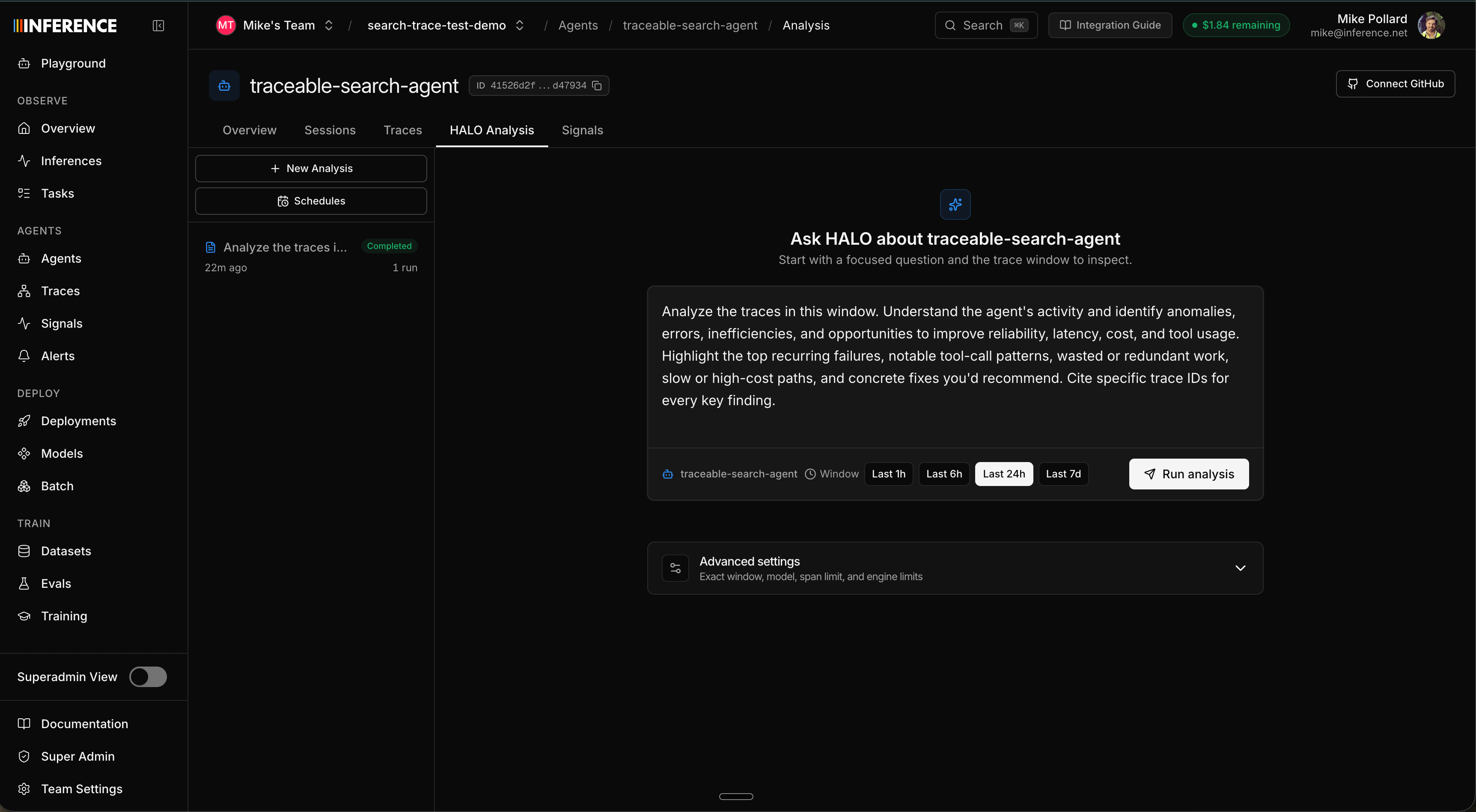 The Analysis sub-tab with a prompt entered and HALO just started, the previous runs listed on the left