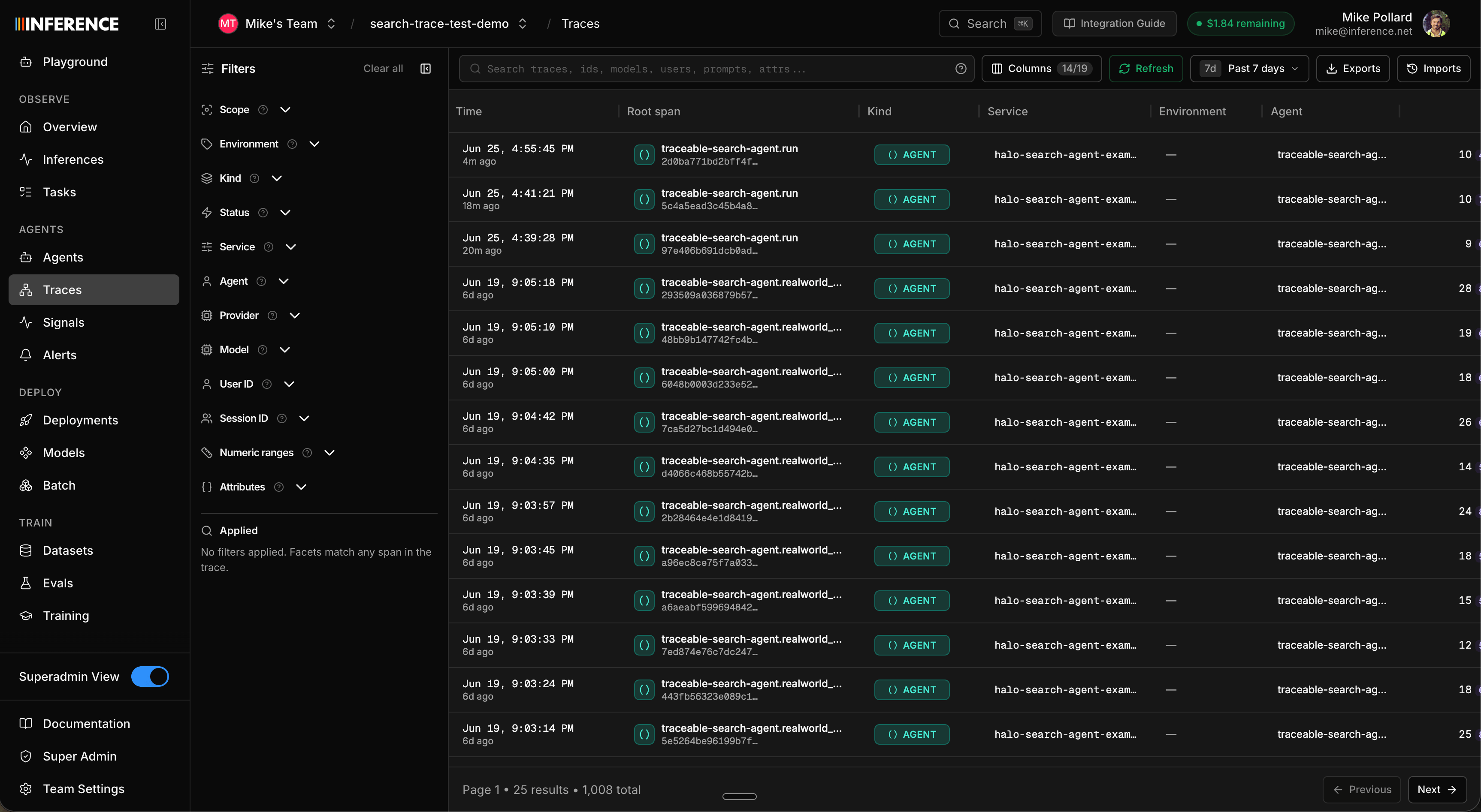 The Traceable Search Agent's traces in the dashboard, one row per run, grouped under the agent