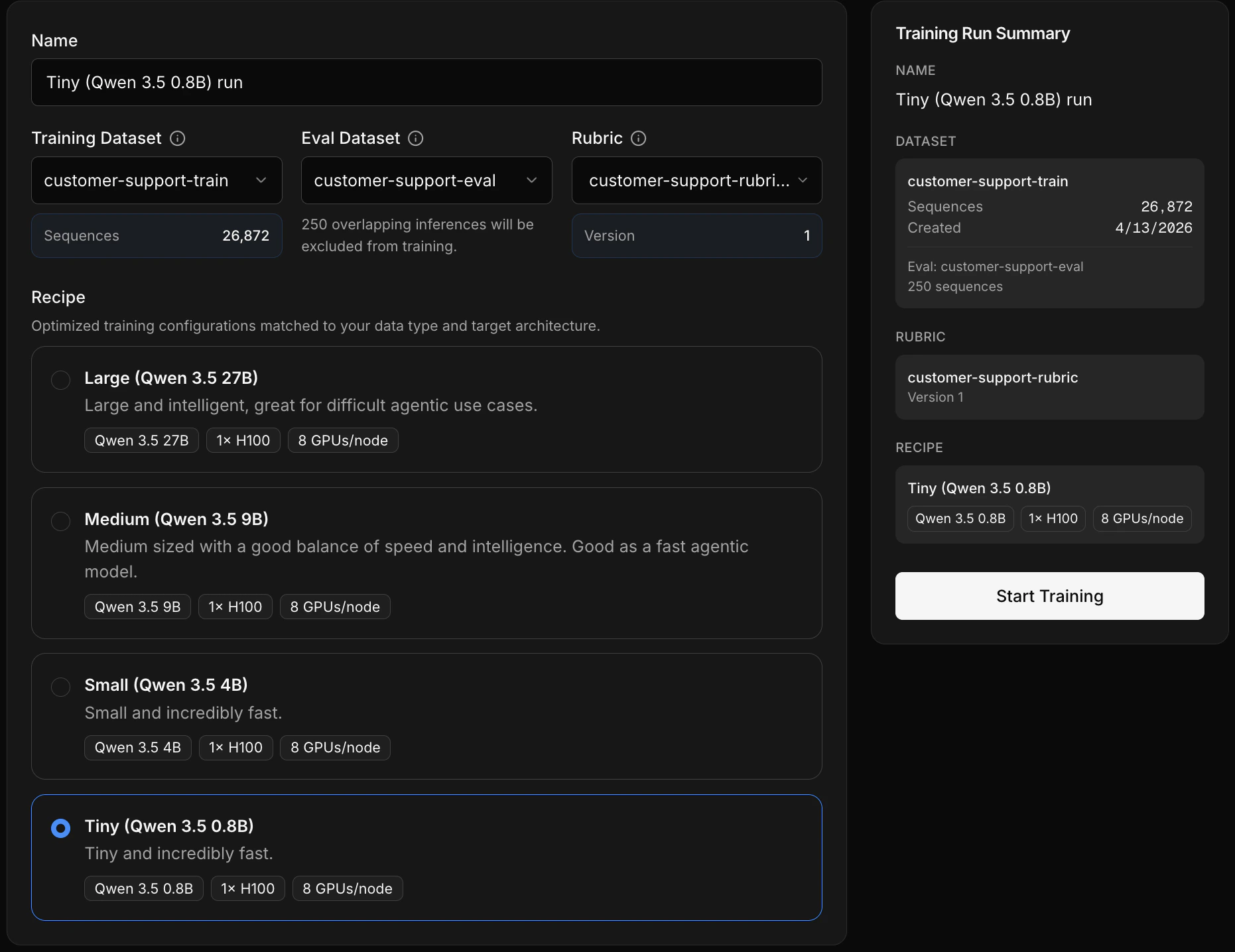 New Training Job form in the dashboard