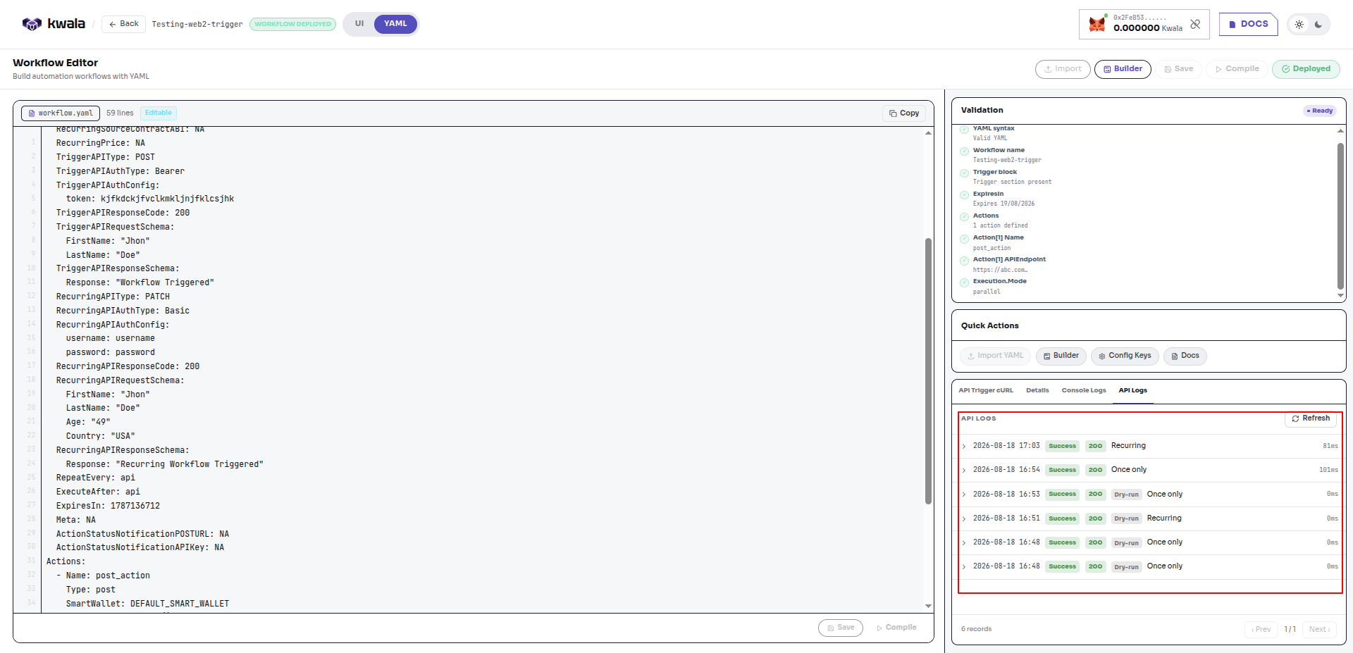 Log showing bith recurring and only once trigger