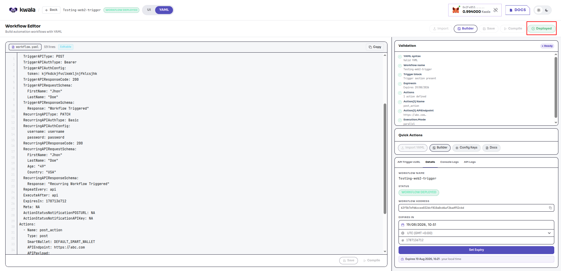 Deployed workflow with yaml view