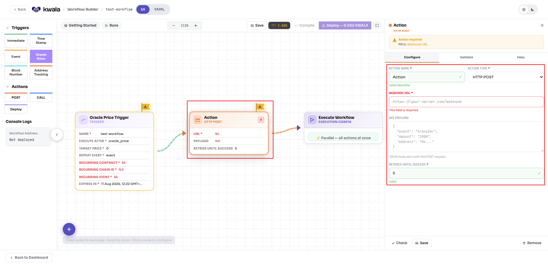 Action configuration settings