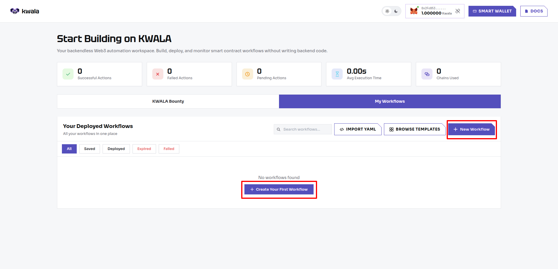 New workflow button on the dashboard