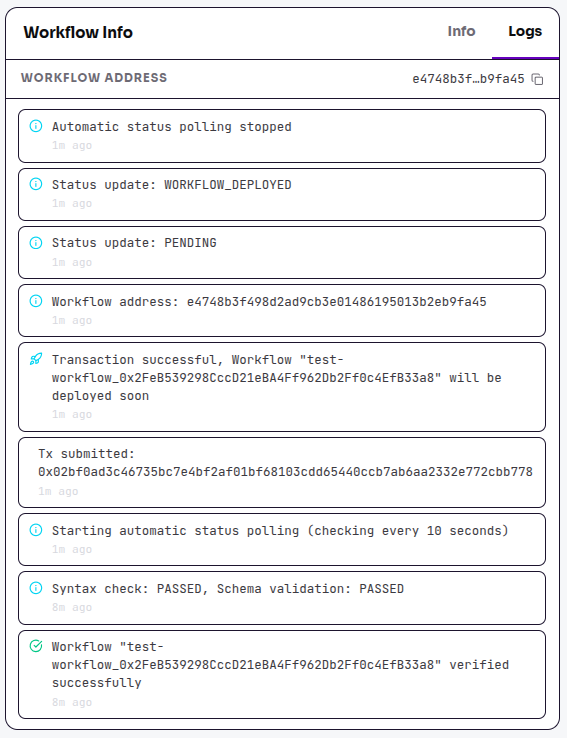 Console logs showing active workflow status