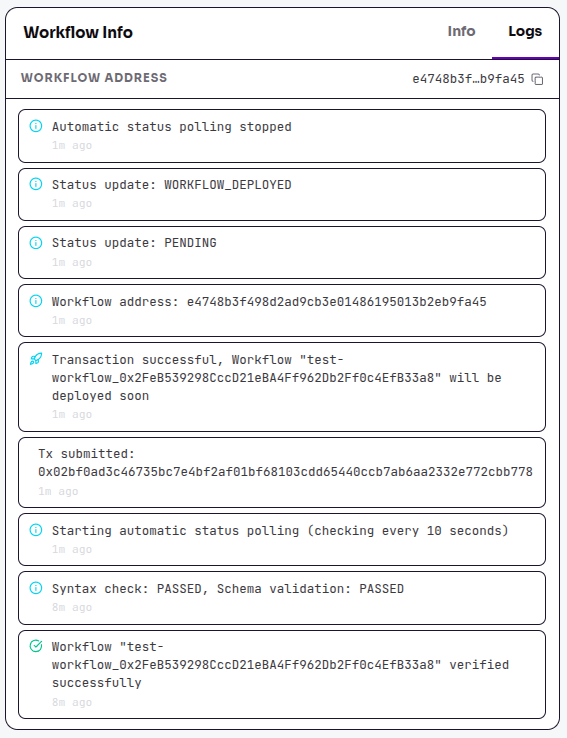Console logs showing active workflow status