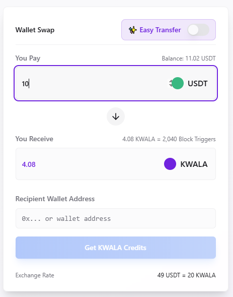 Screenshot showing the Swap USDT for Kwala credits interface