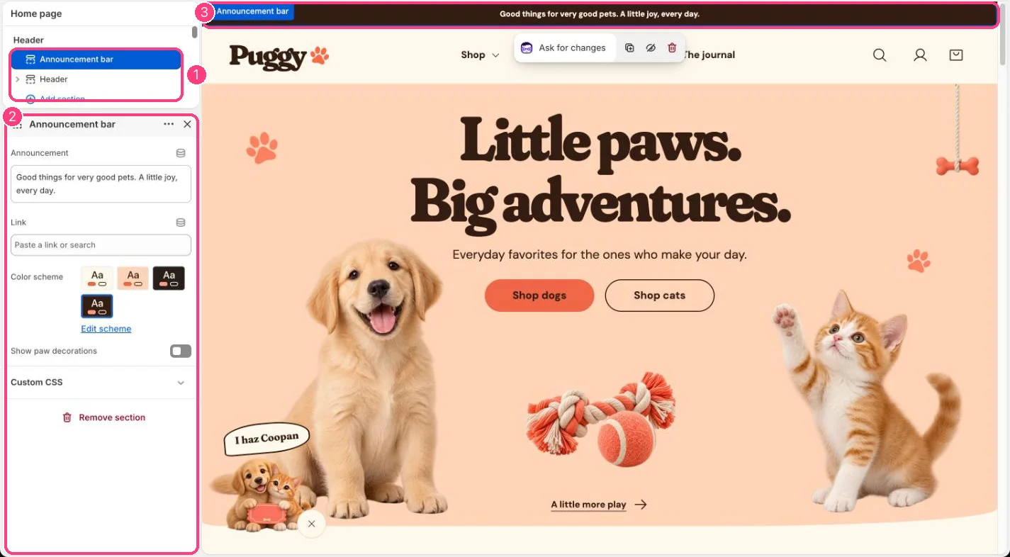 Announcement bar in the theme editor