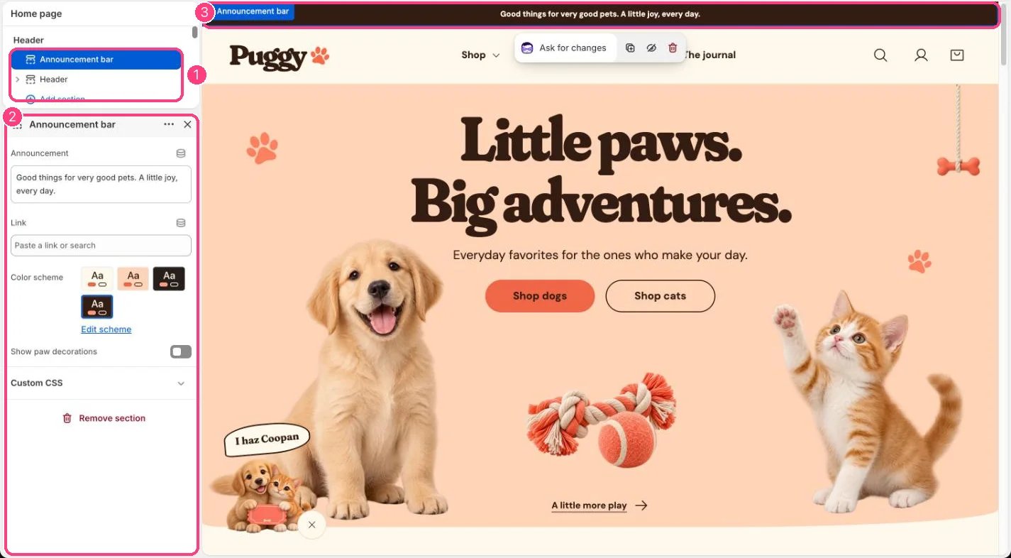 Announcement bar in the theme editor