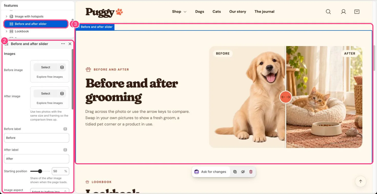 Before and after slider in the theme editor