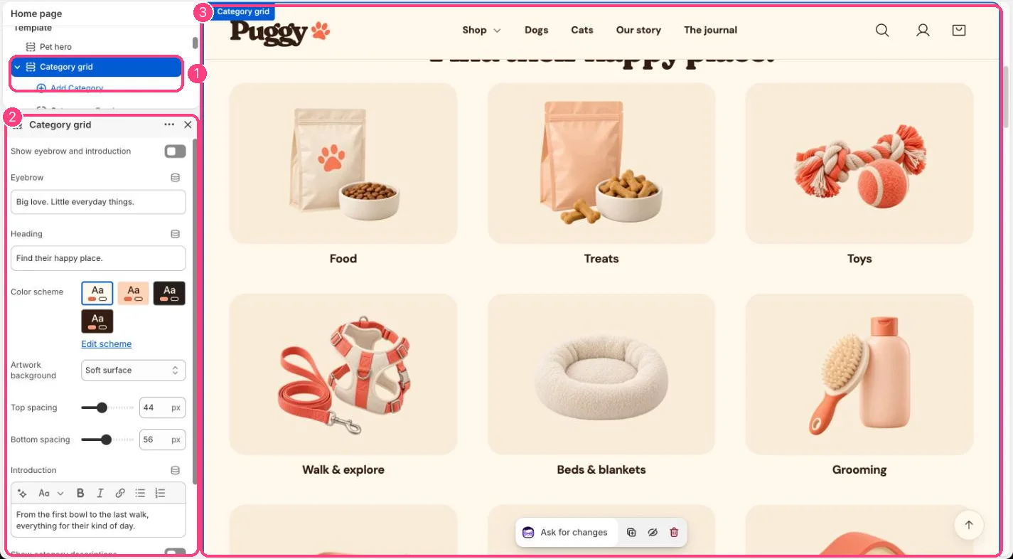Category grid in the theme editor