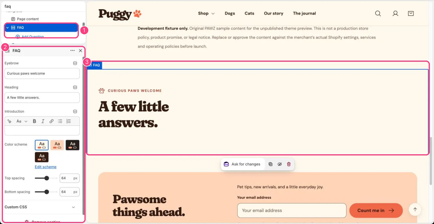 FAQ in the theme editor