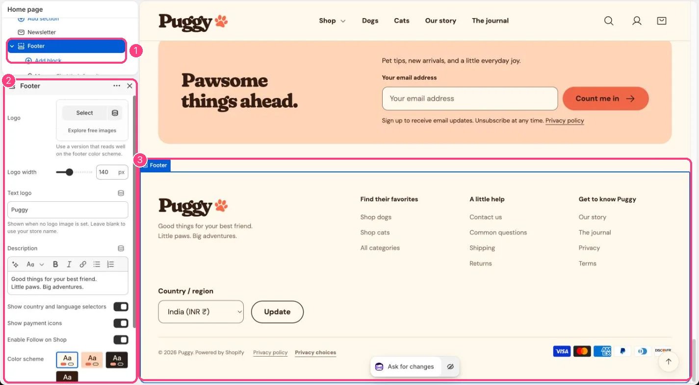 Footer in the theme editor