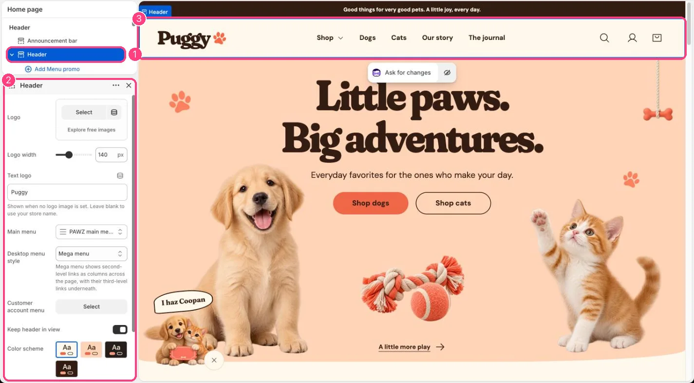 Header in the theme editor