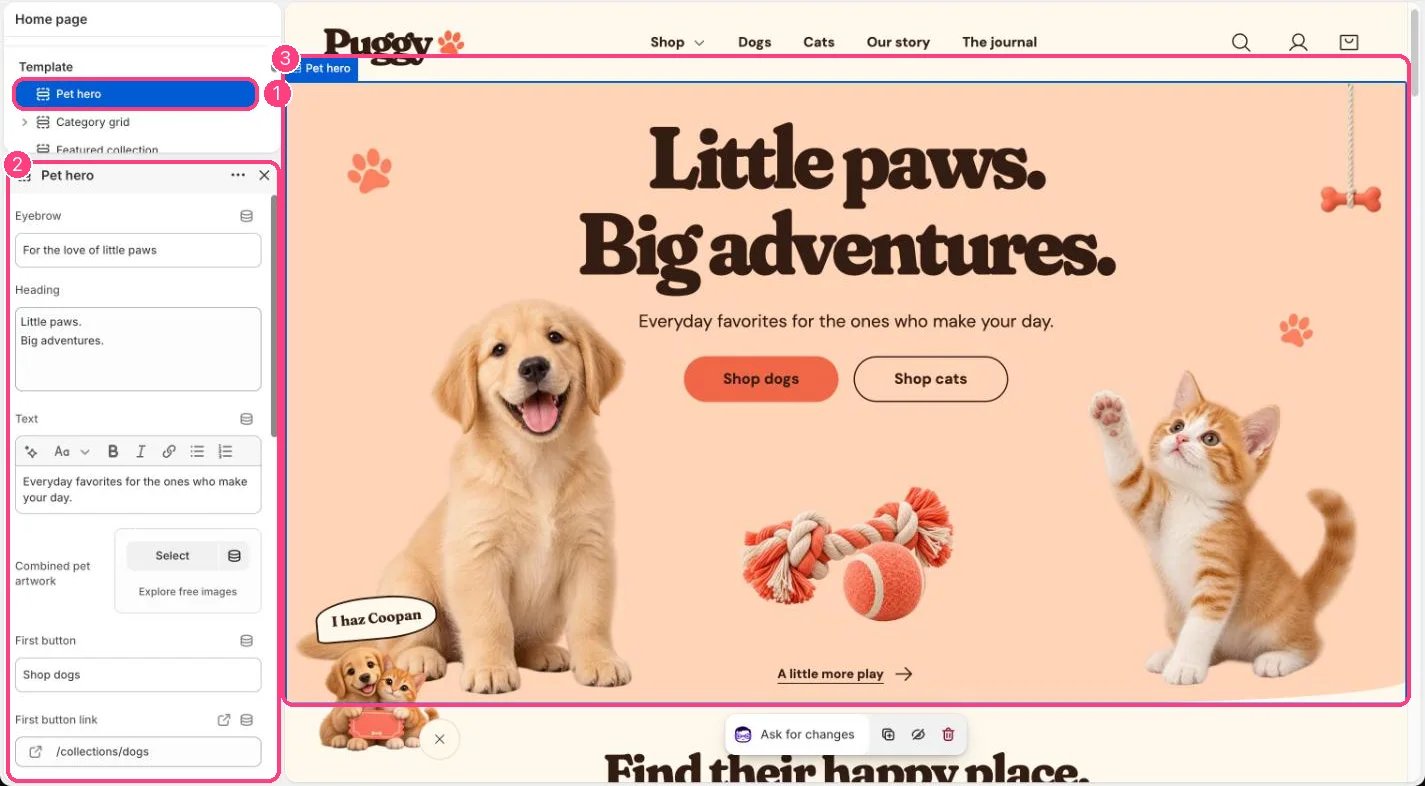 Pet hero in the theme editor