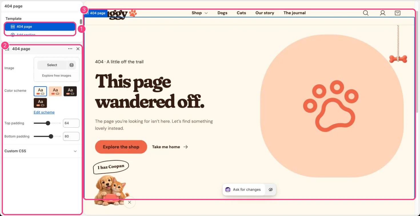 404 page in the theme editor
