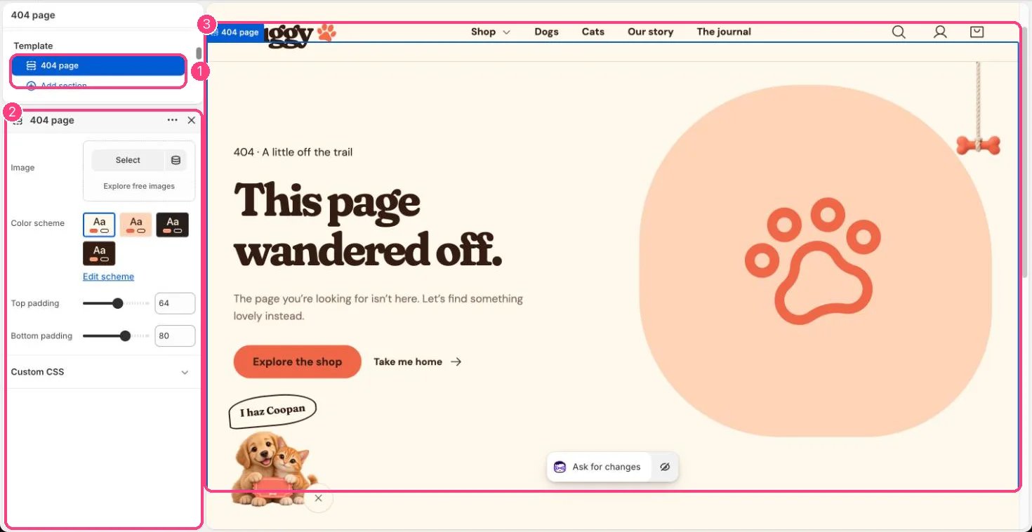 404 page in the theme editor