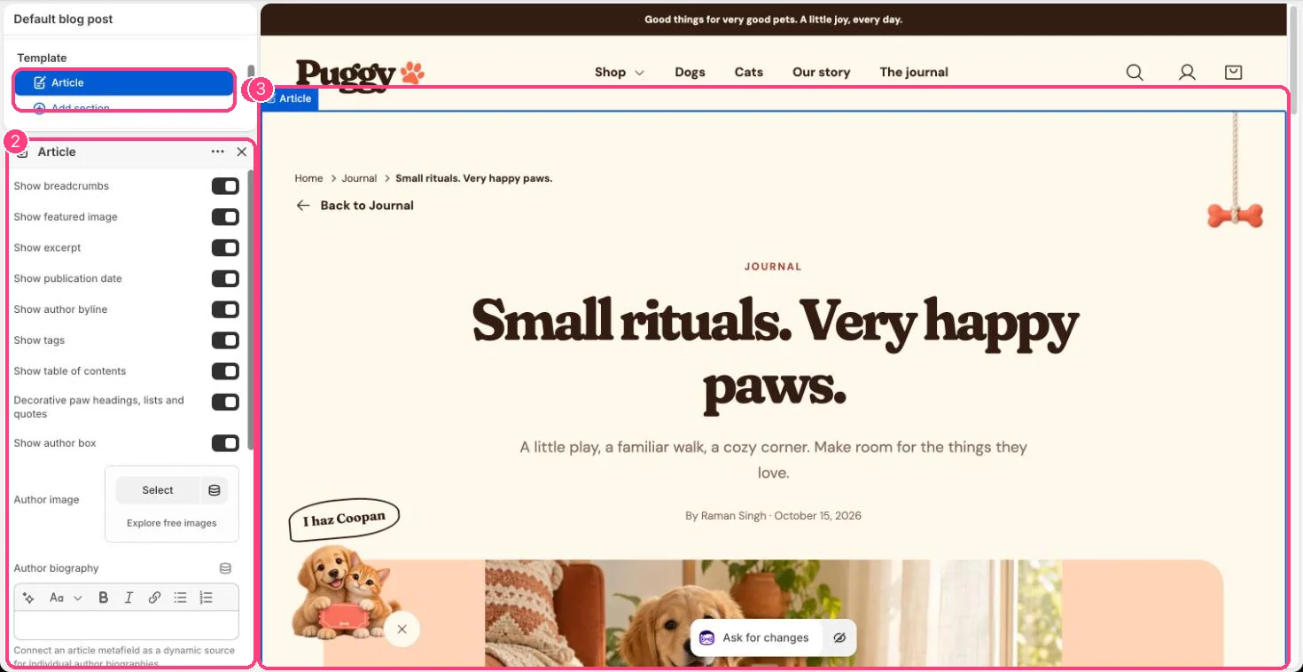 Article in the theme editor