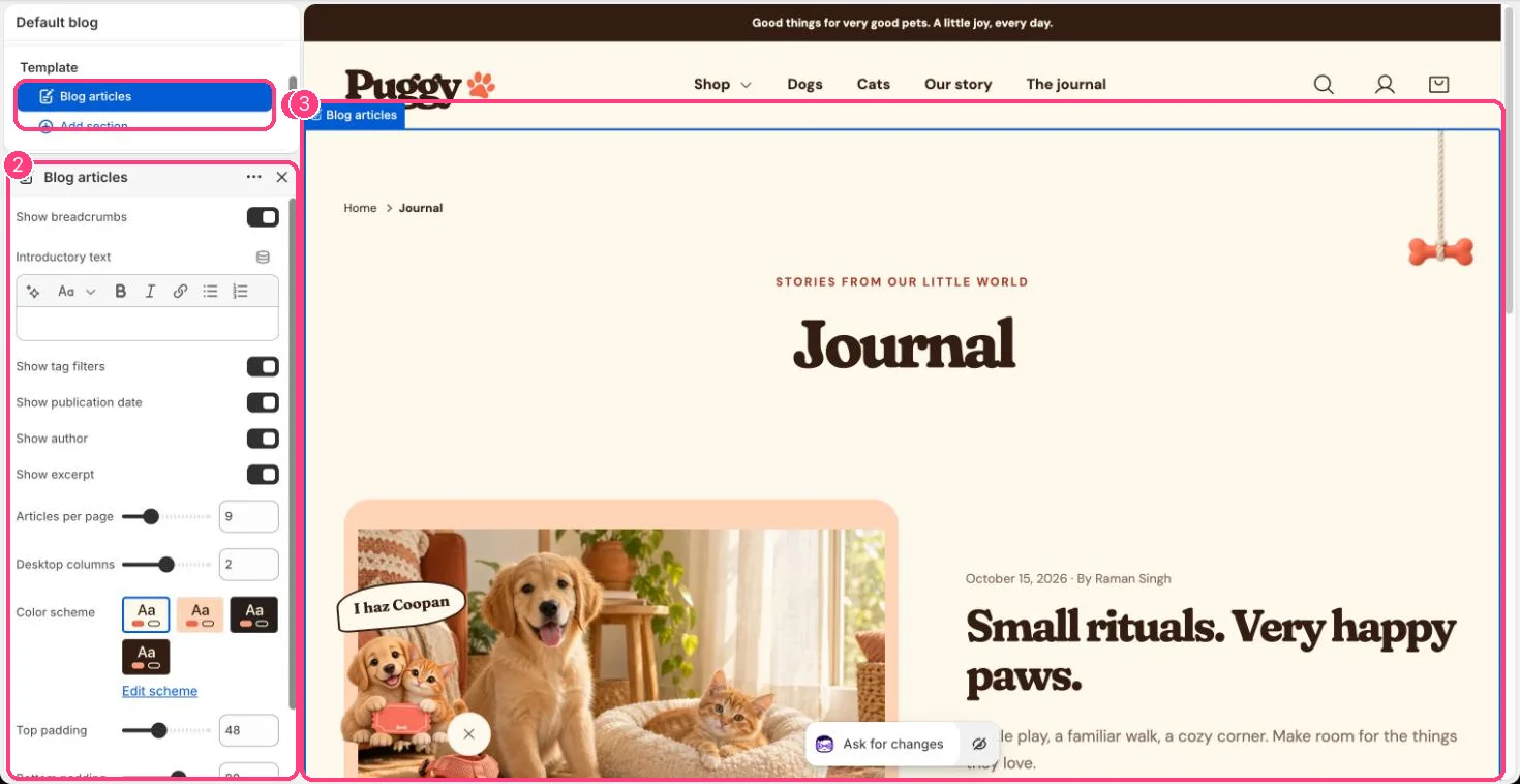 Blog articles in the theme editor
