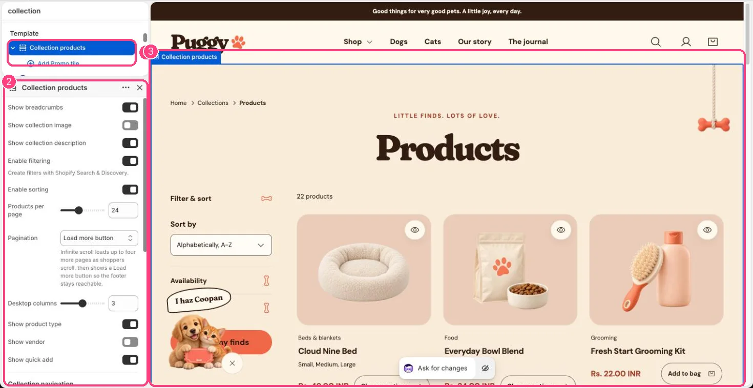 Collection products in the theme editor