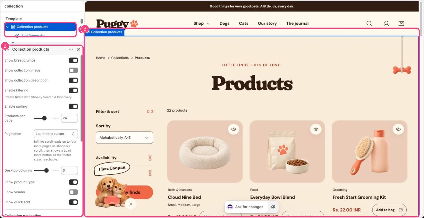 Collection products in the theme editor