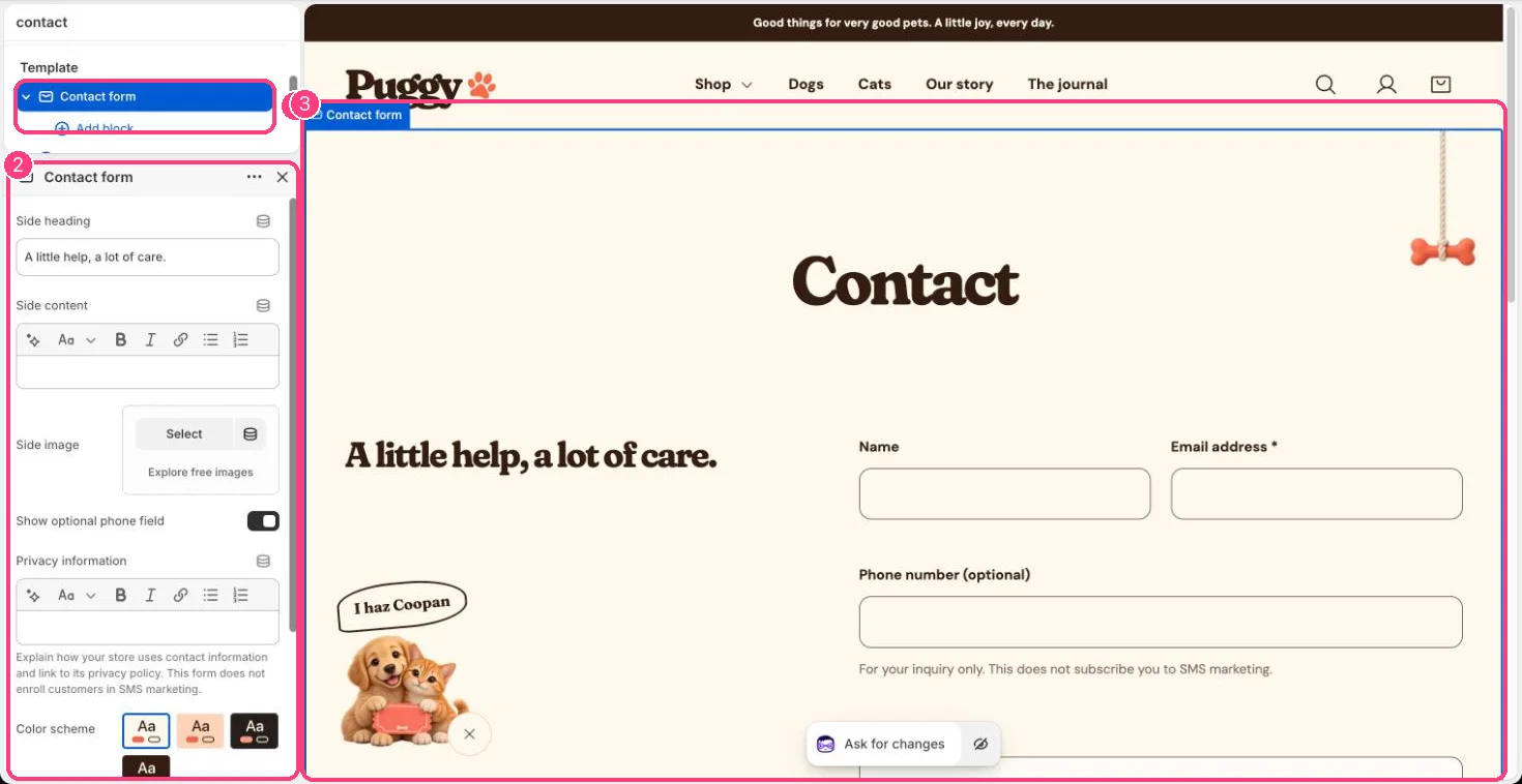 Contact form in the theme editor