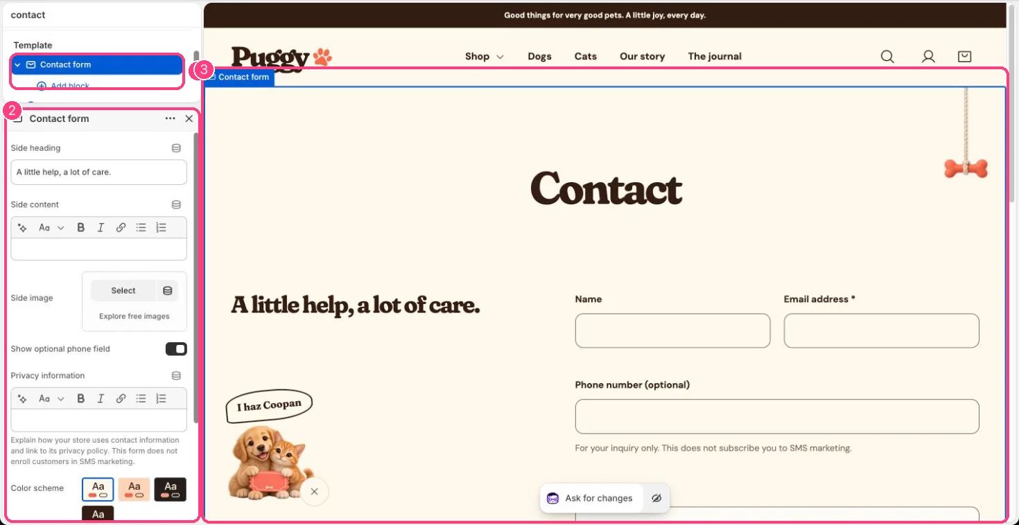 Contact form in the theme editor