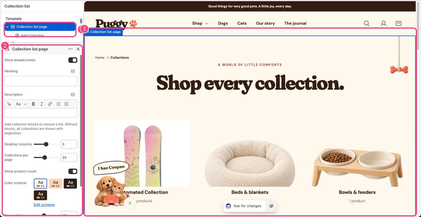 Collection list page in the theme editor