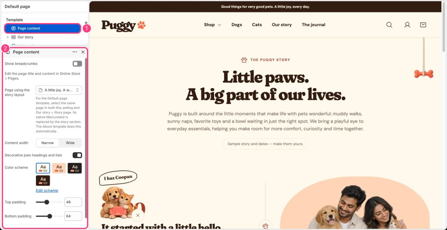 Page content in the theme editor