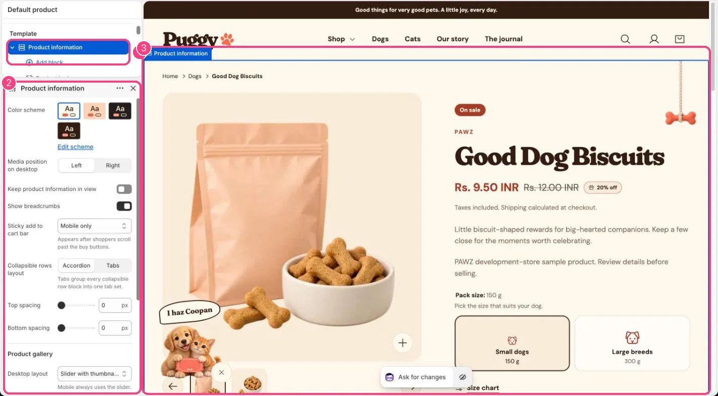 Product information in the theme editor