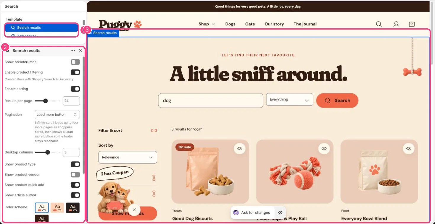 Search results in the theme editor