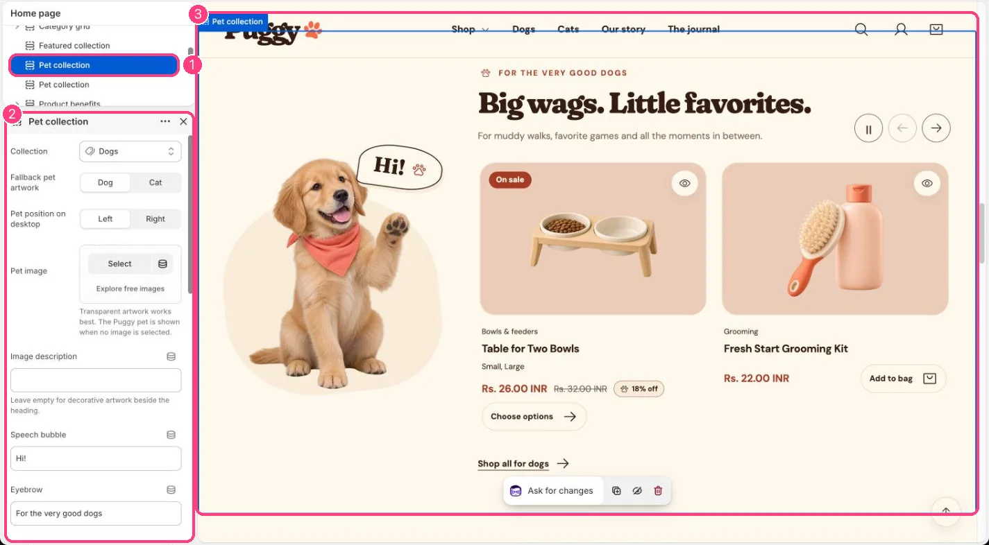 Pet collection in the theme editor
