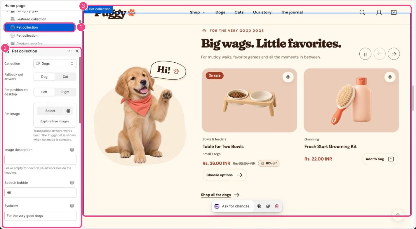 Pet collection in the theme editor